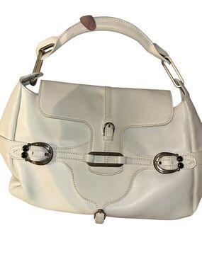 jimmy Choo white leather silver etched hardware satchel purse bag